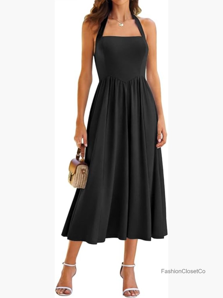 Sleeveless Halter Neck Drop Waist Corset Midi Dress With Pockets